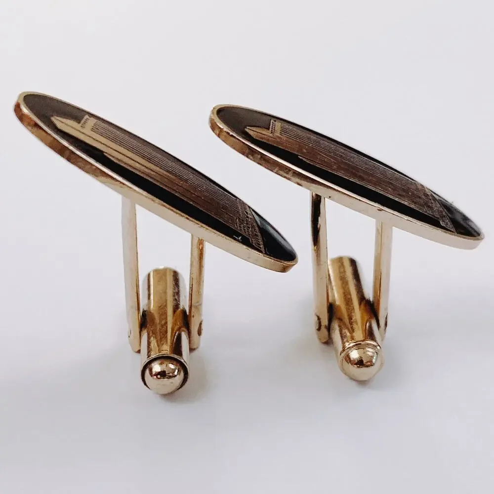 VTG Mid Century Black Cufflinks Tie Bar Chain 3-Piece Set Skyscraper Gold Tone
